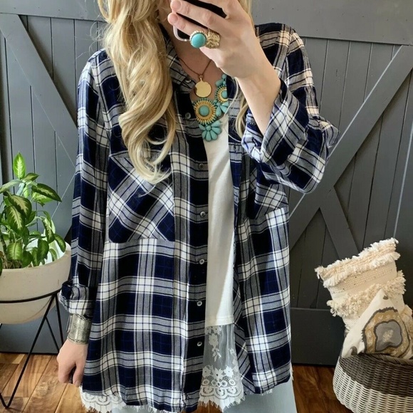 Figleaffashion Tops - New Plaid Navy Plus Size Button Up Blouse Top